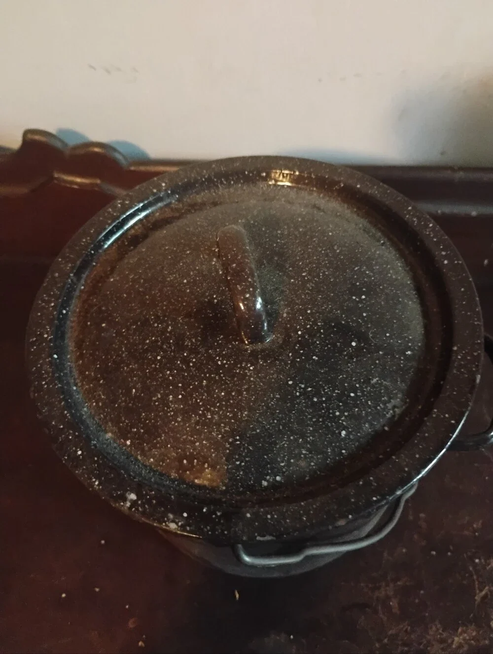 Vintage Black Speckled Enamelware Pot with Lid and Bail Handle